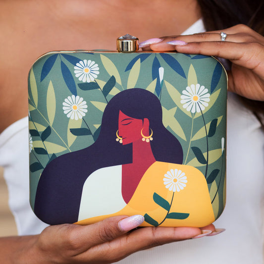 Yellow Saree Lady on Flower Green and White Leaf Background Printed Clutch