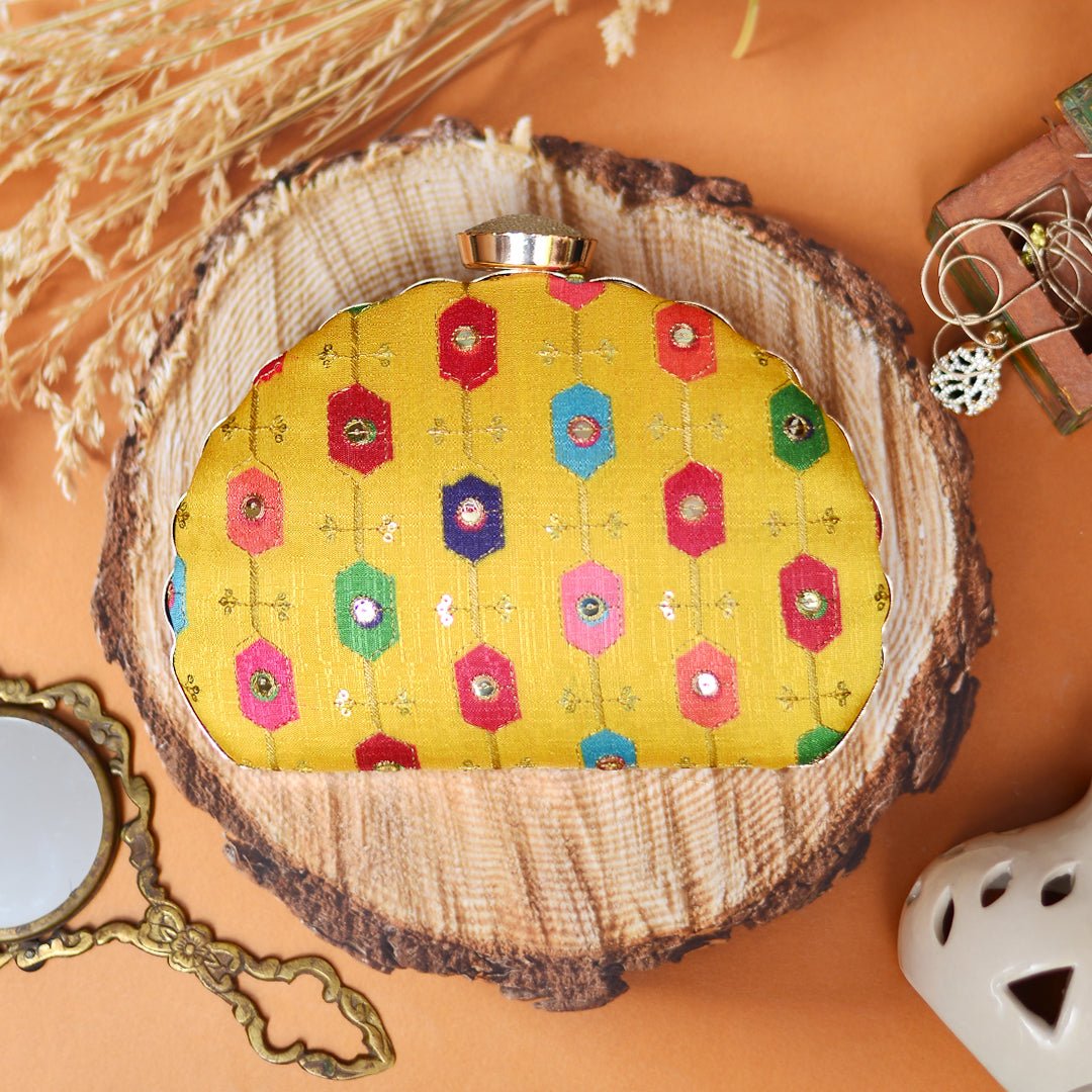 Artklim Multi-Color Handwork on Yellow Base Clutch
