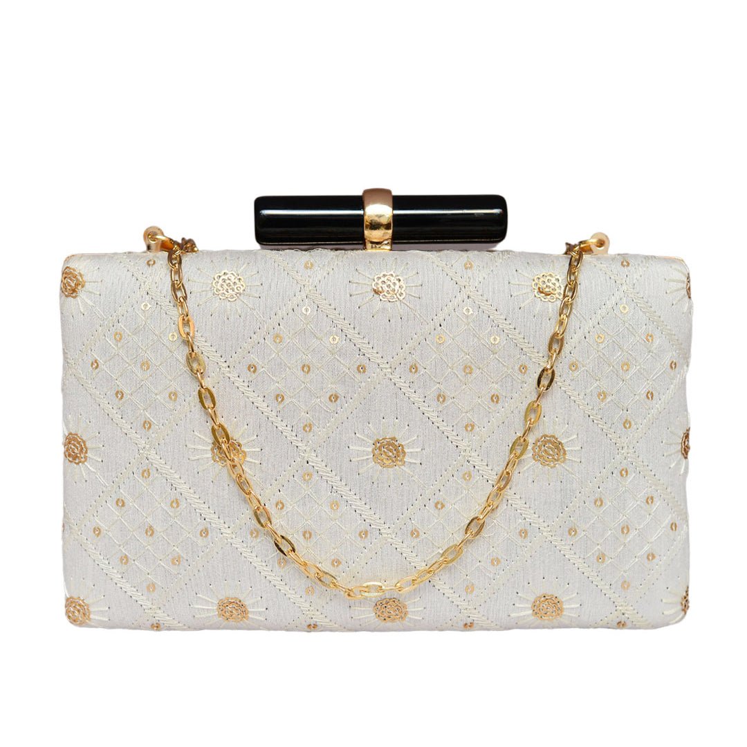 White Sequins Embroidered Clutch