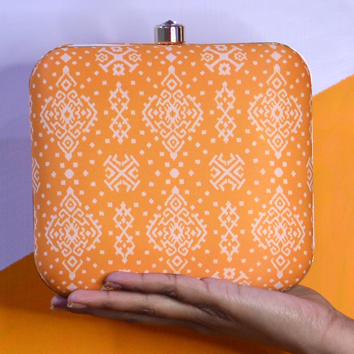 Artklim Mustard Yellow and White Printed Clutch