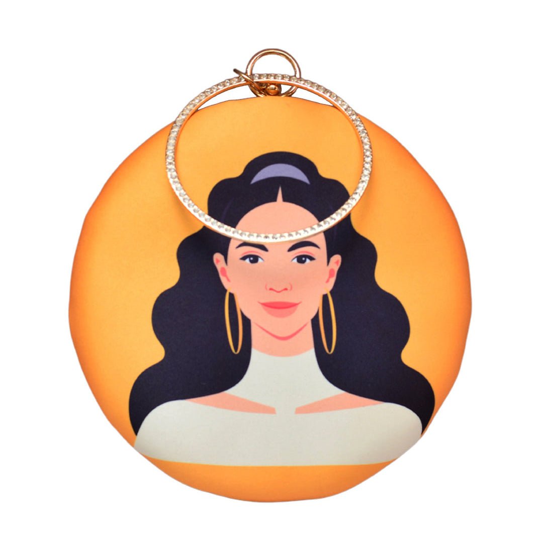 Black Hair Woman Round Printed Clutch