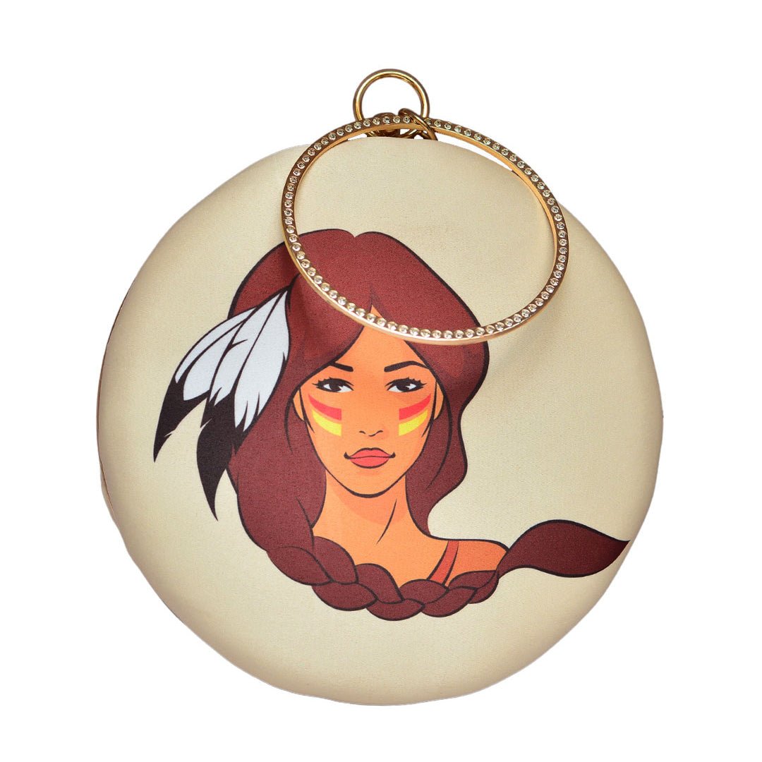 Brown Hair Woman Round Printed Clutch