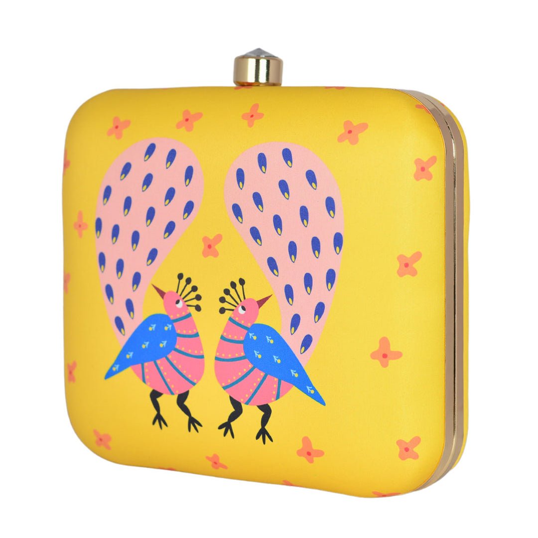 Two Birds Yellow Printed Clutch
