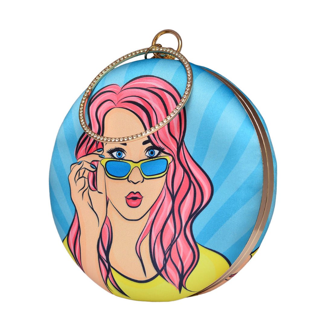 Quirky Woman Round Printed Clutch