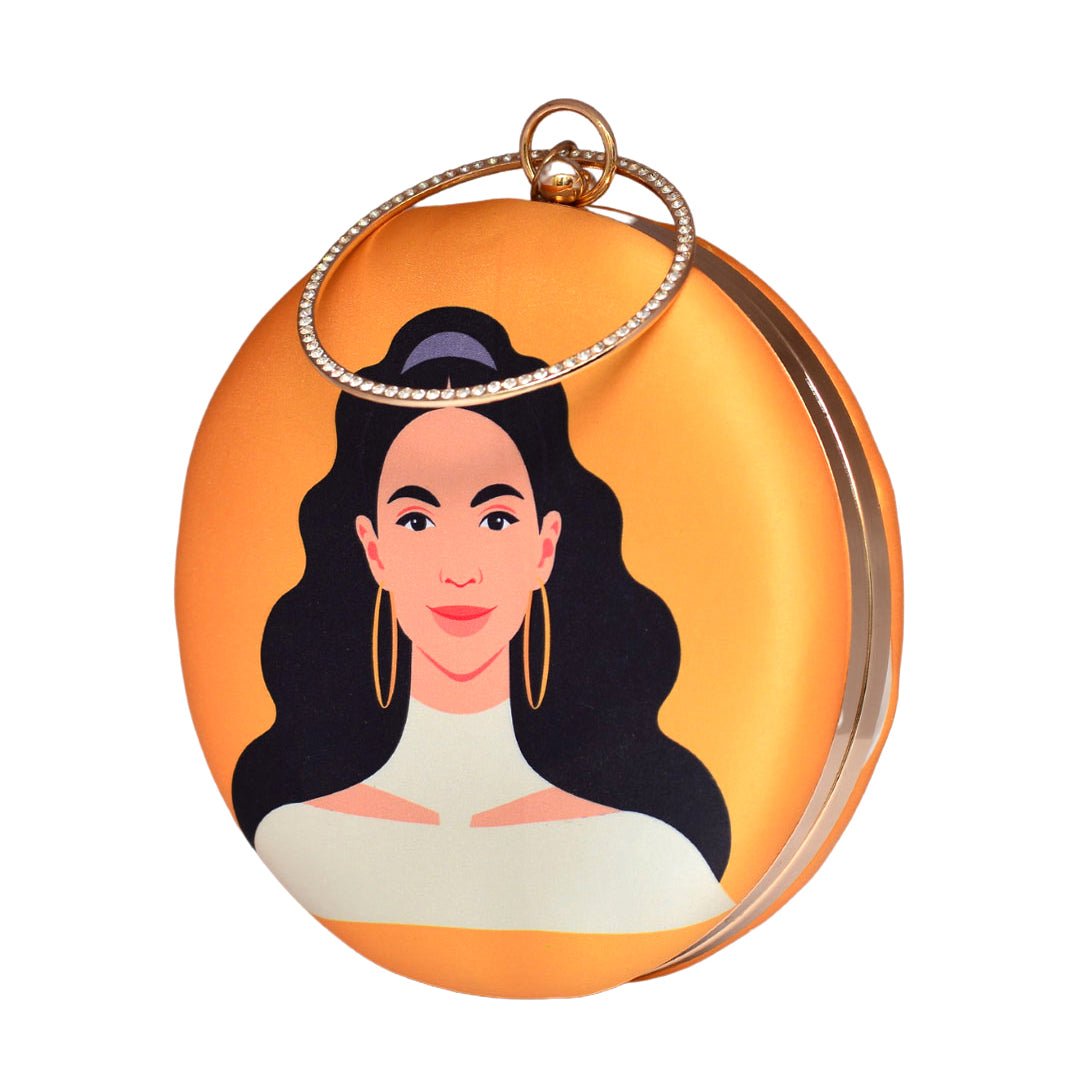 Black Hair Woman Round Printed Clutch