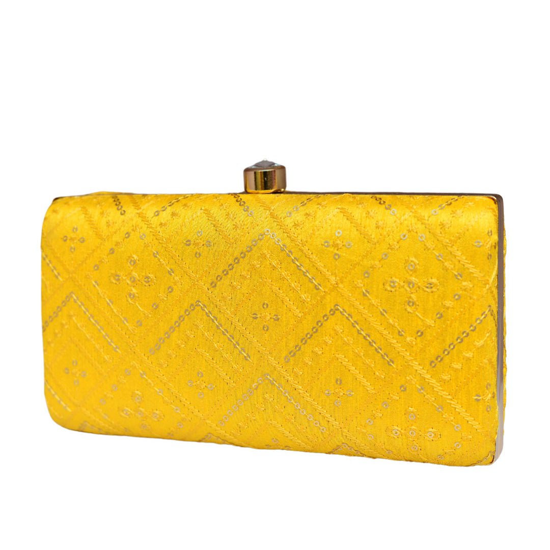 Yellow Embroidered Rectangular Clutch