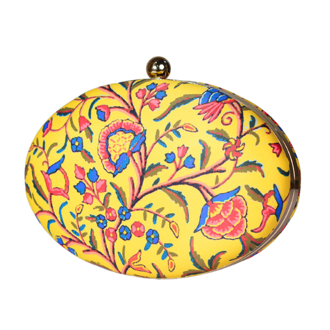 Yellow Printed Oval Clutch