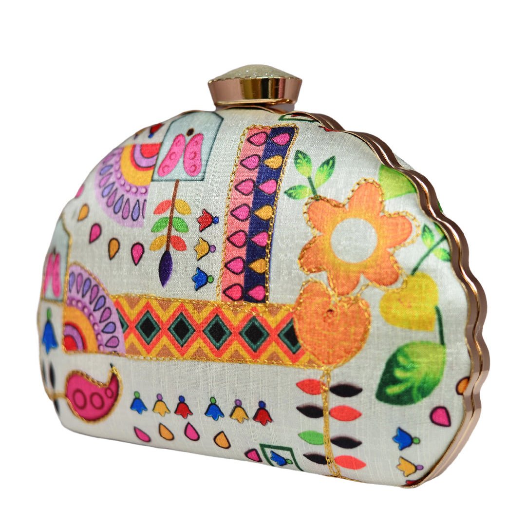 White Multipattern Moon Clutch