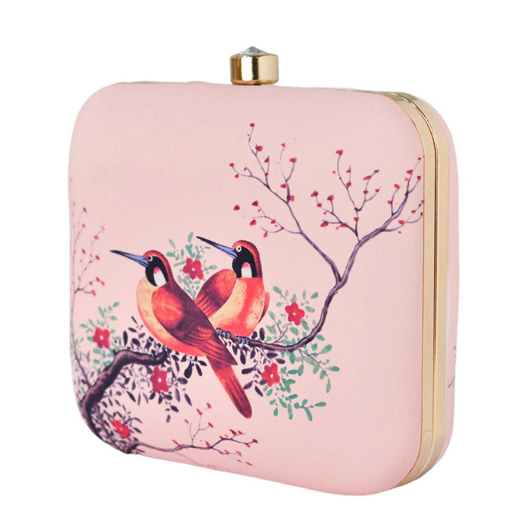 Pink Based Red Birds Printed Clutch