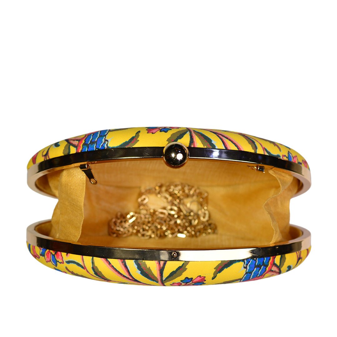 Yellow Printed Oval Clutch