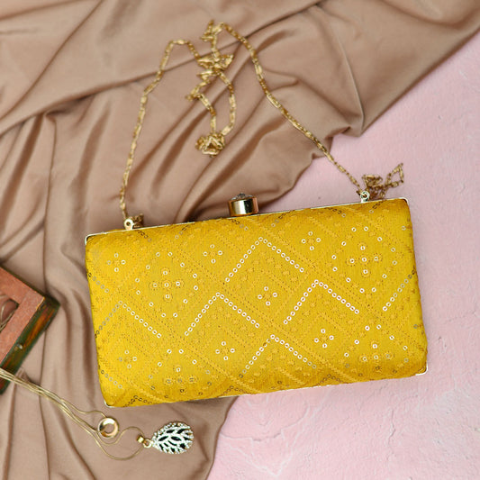 Yellow Embroidered Rectangular Clutch
