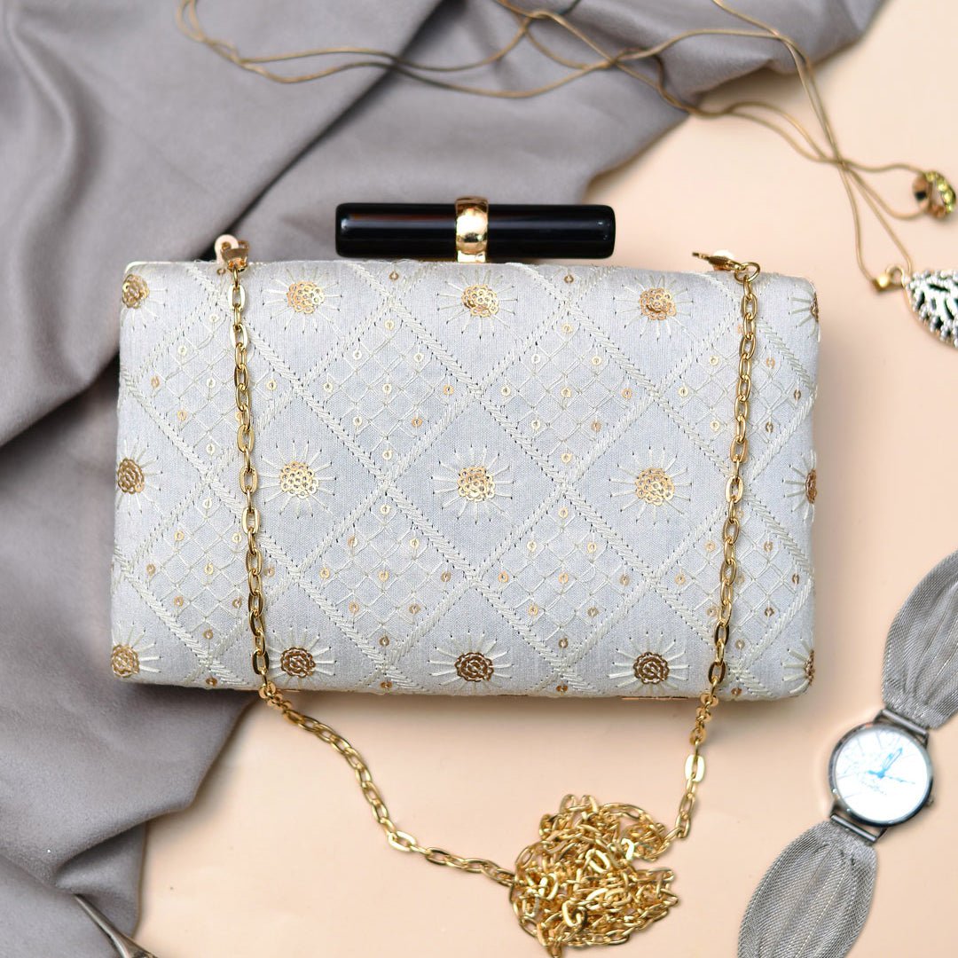 White Sequins Embroidered Clutch