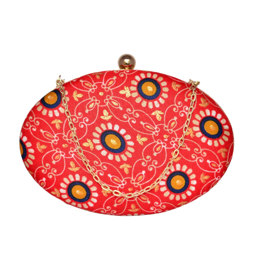 Red Printed Oval Clutch