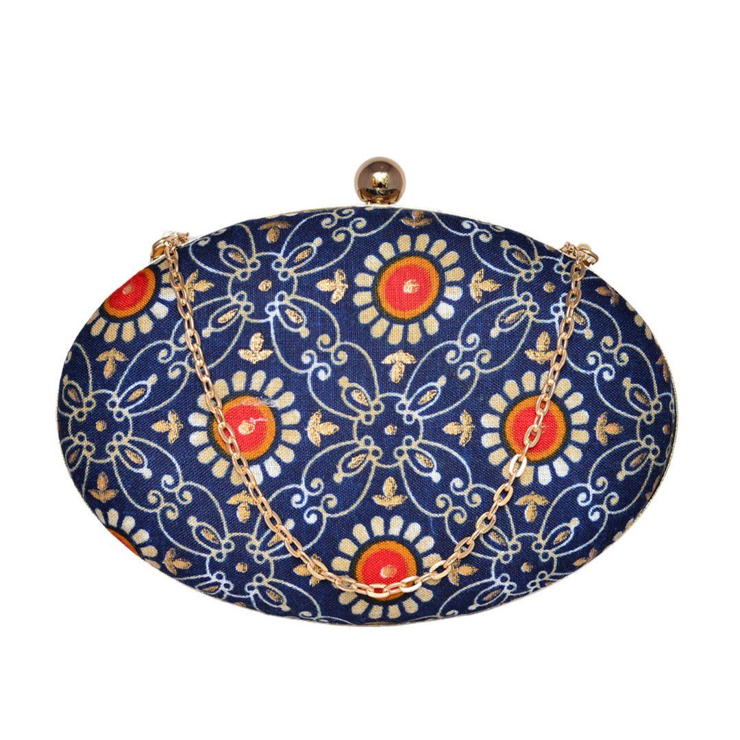 Blue Printed Oval Clutch