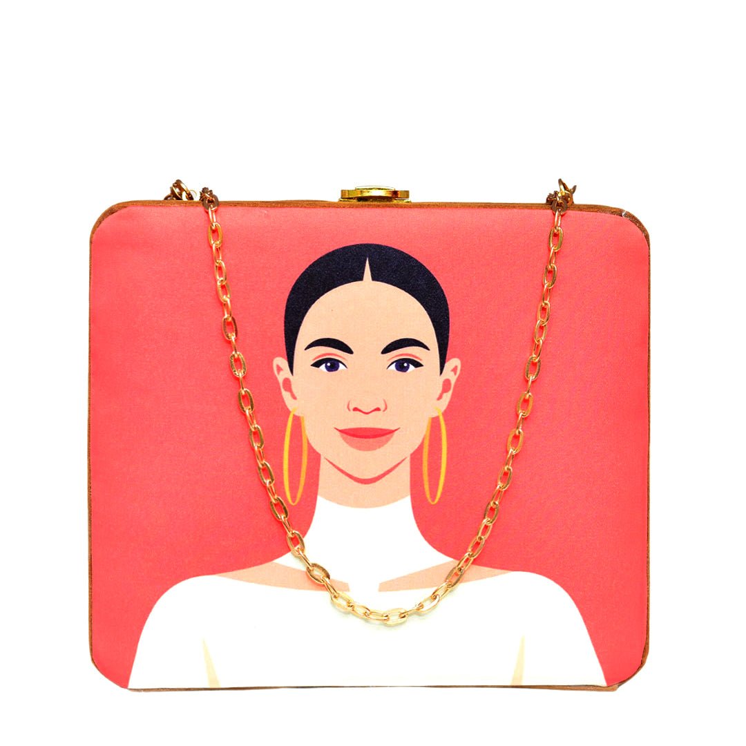 White Dress Woman Portrait Printed MDF Clutch