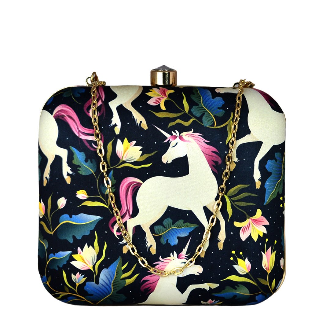 Unicorn Printed Black Clutch