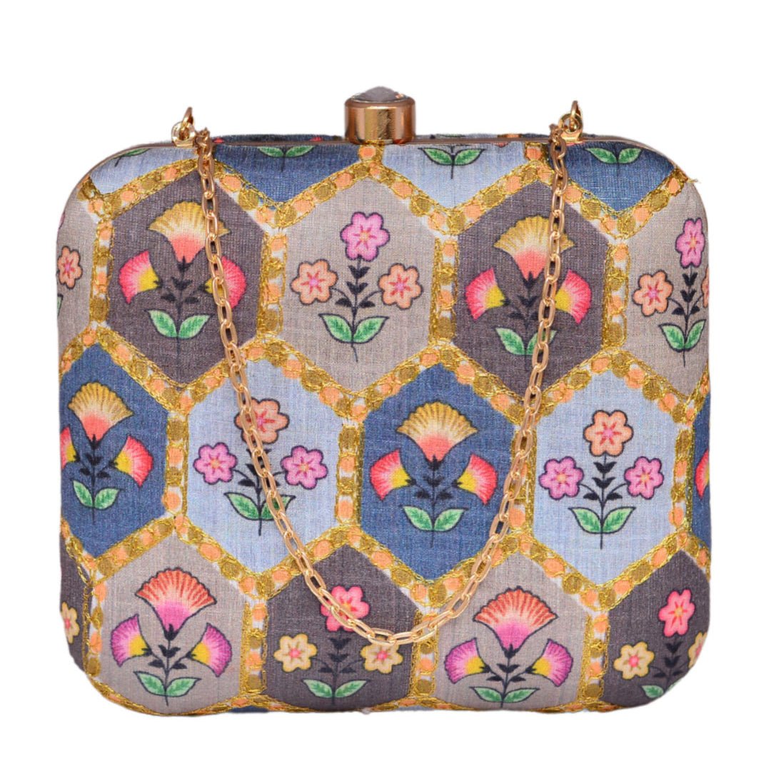 Grey-Blue Floral Clutch