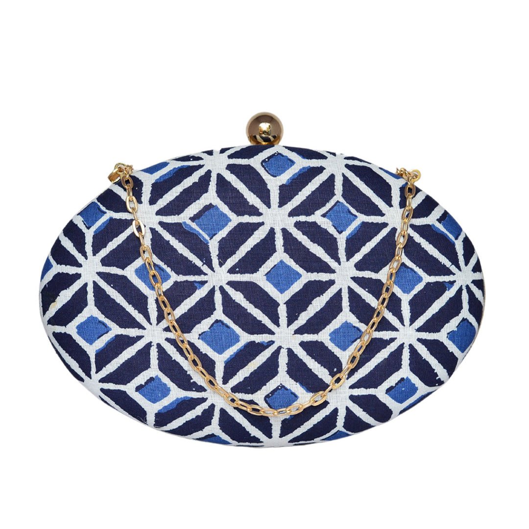 Blue Printed Oval Clutch