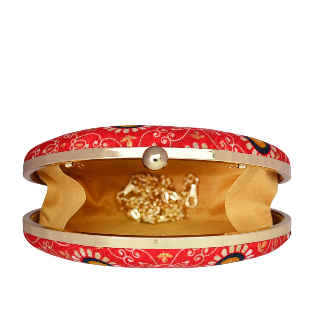 Red Printed Oval Clutch