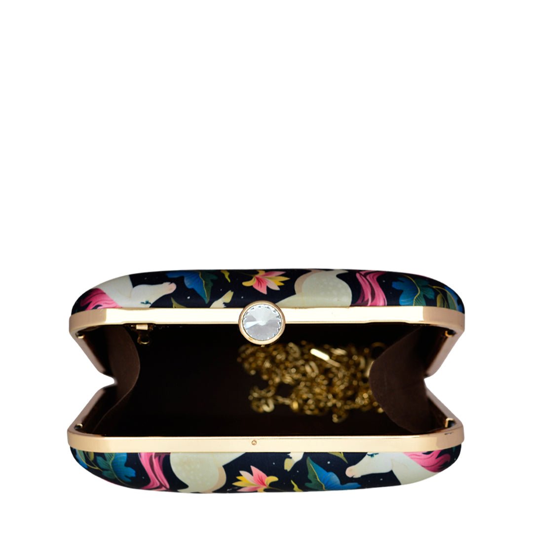Unicorn Printed Black Clutch