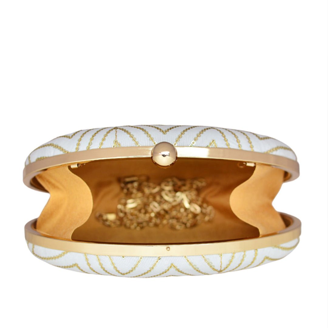 White Embroidered Oval Clutch