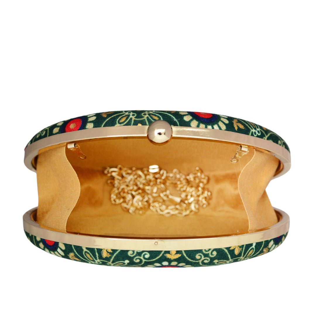 Green Printed Oval Clutch