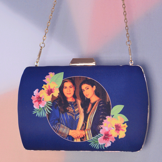Customised Mother's Day Flower Blue Printed Clutch
