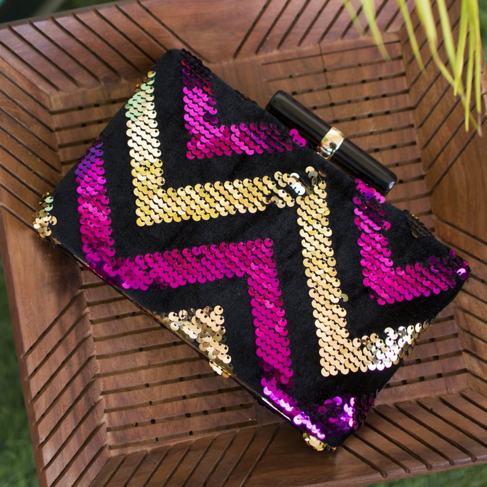 Artklim Zig-Zag Fushia & Rose Gold Sequins Party Clutch