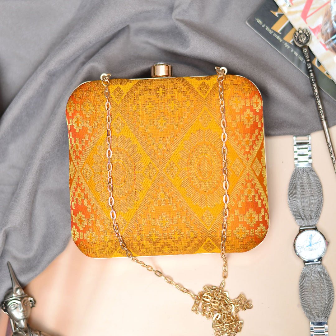 Yellow-Orange Brocade Fabric Clutch