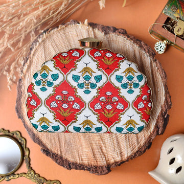 White-Red Embroidered Moon Clutch