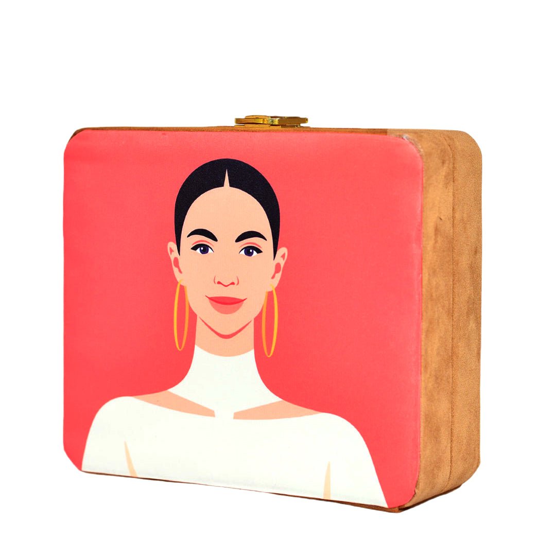 White Dress Woman Portrait Printed MDF Clutch