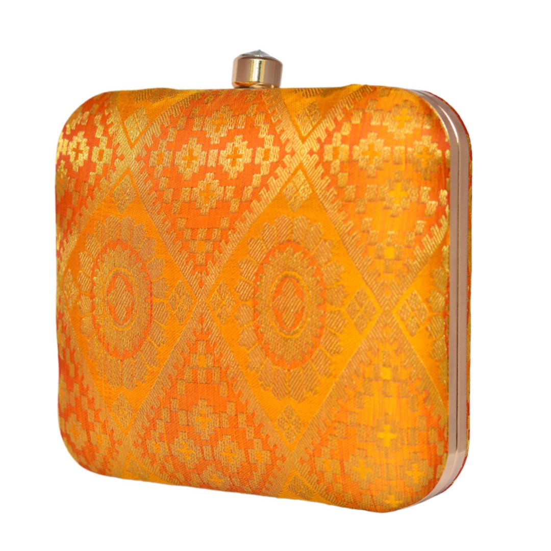 Yellow-Orange Brocade Fabric Clutch