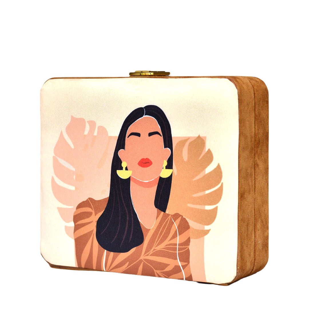 Brown Woman Printed MDF Clutch