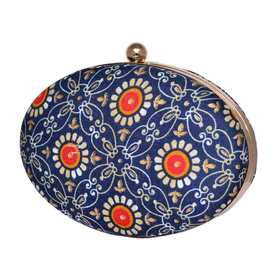 Blue Printed Oval Clutch