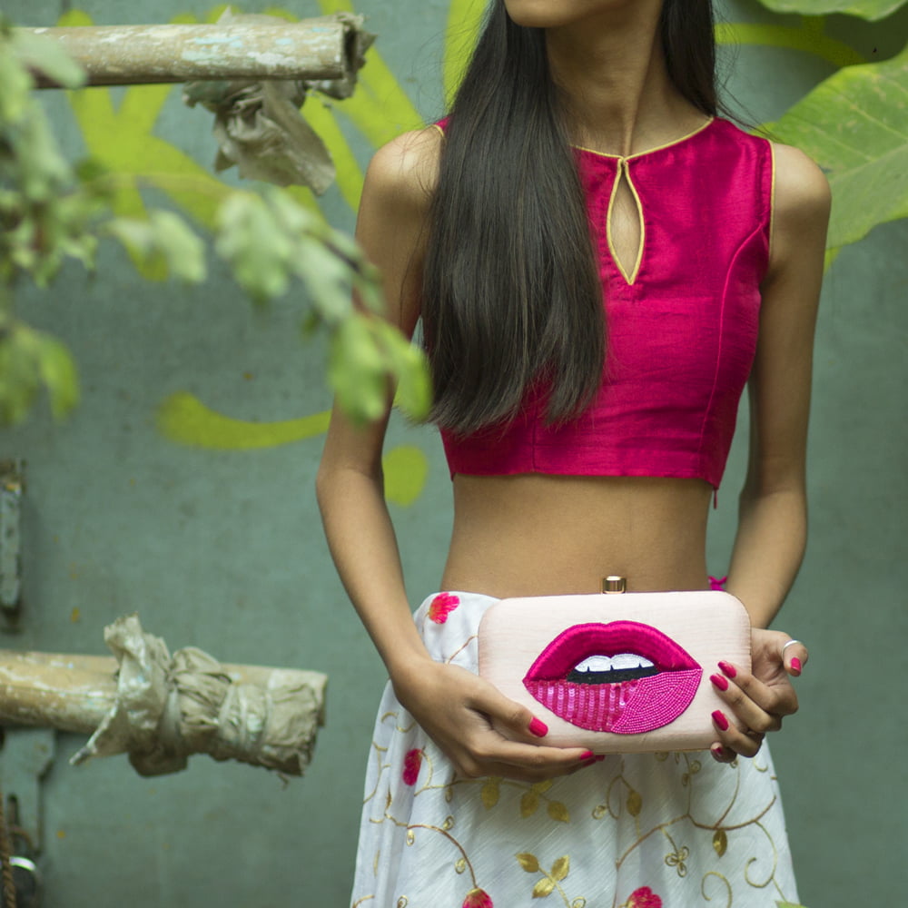 Pink Lips Embroidery Clutch
