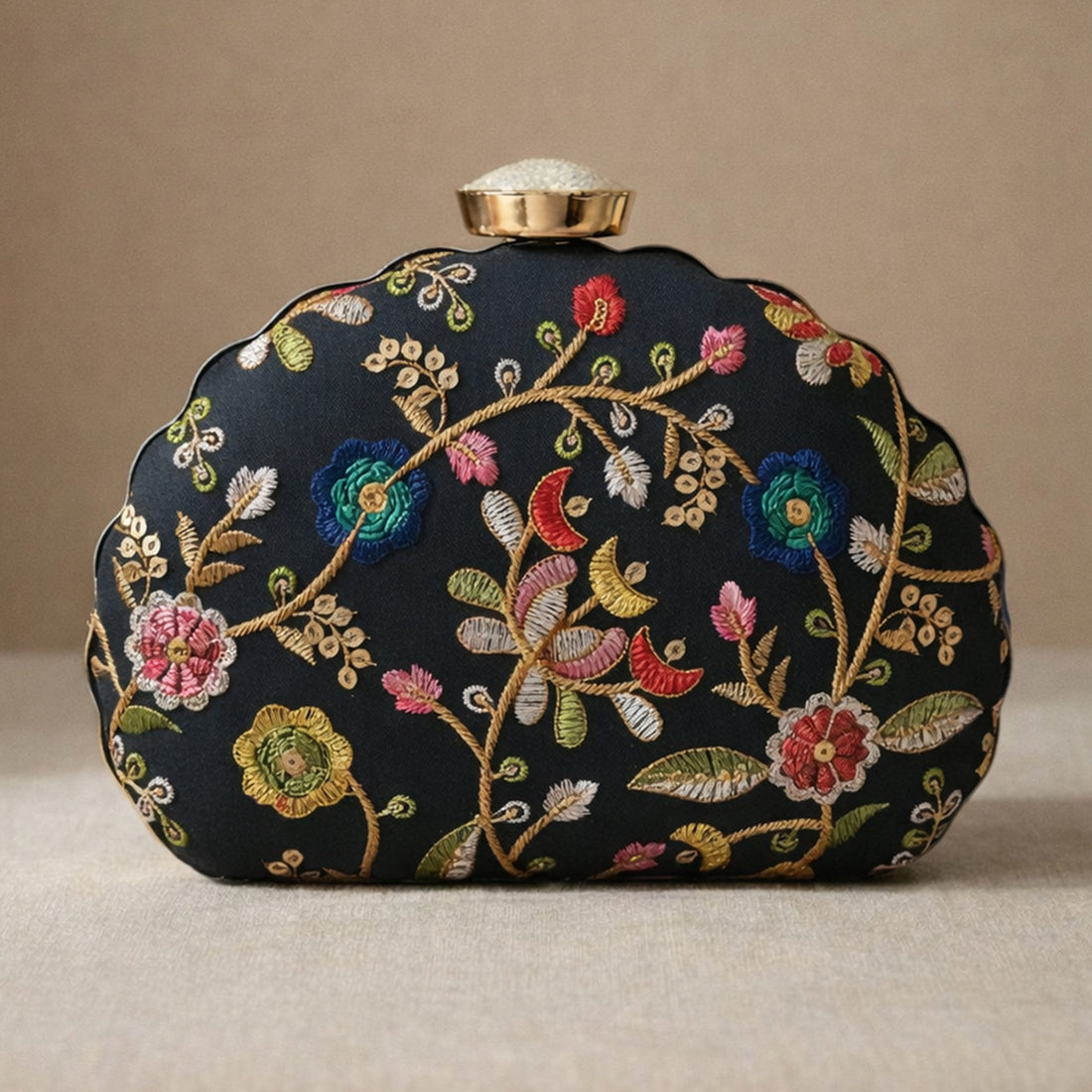 Artklim Black Ethnic Floral Embroidered Clutch