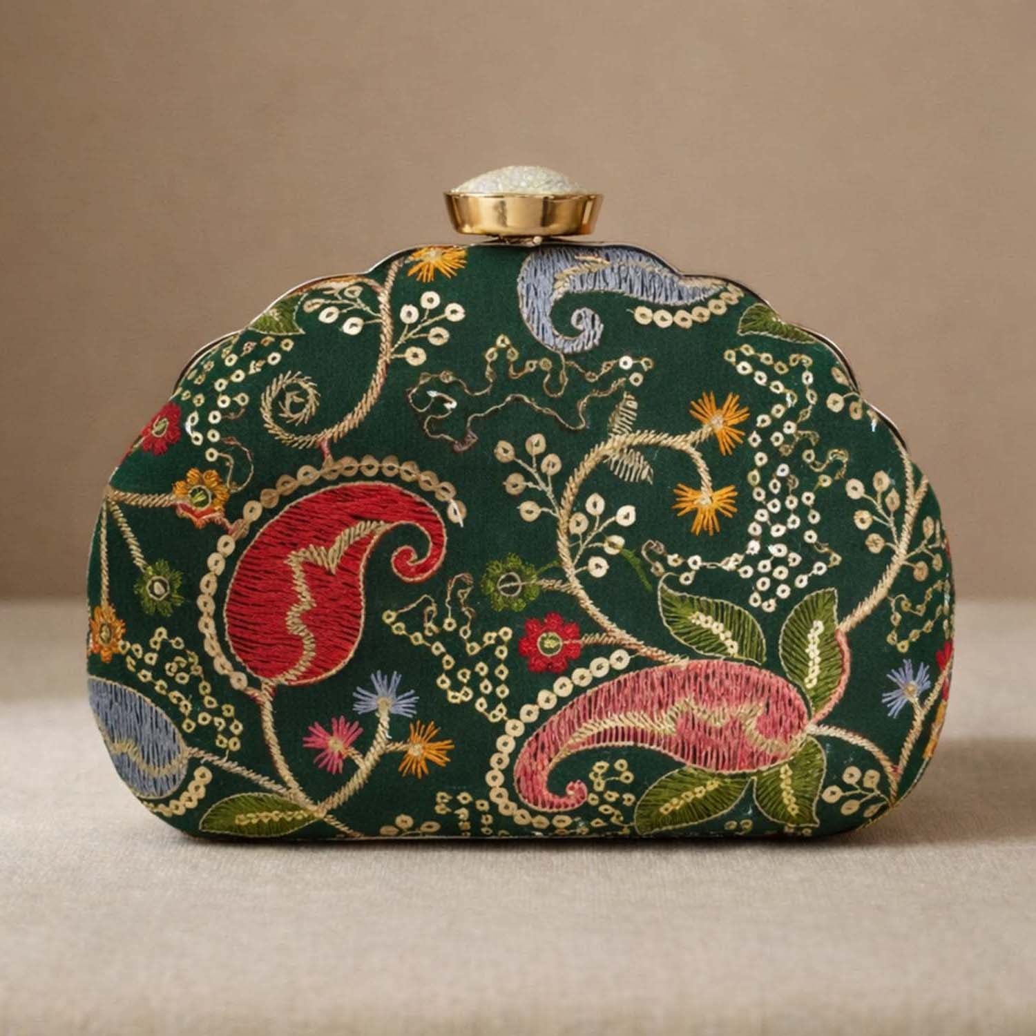 Artklim Dark Green Embroidered Clutch