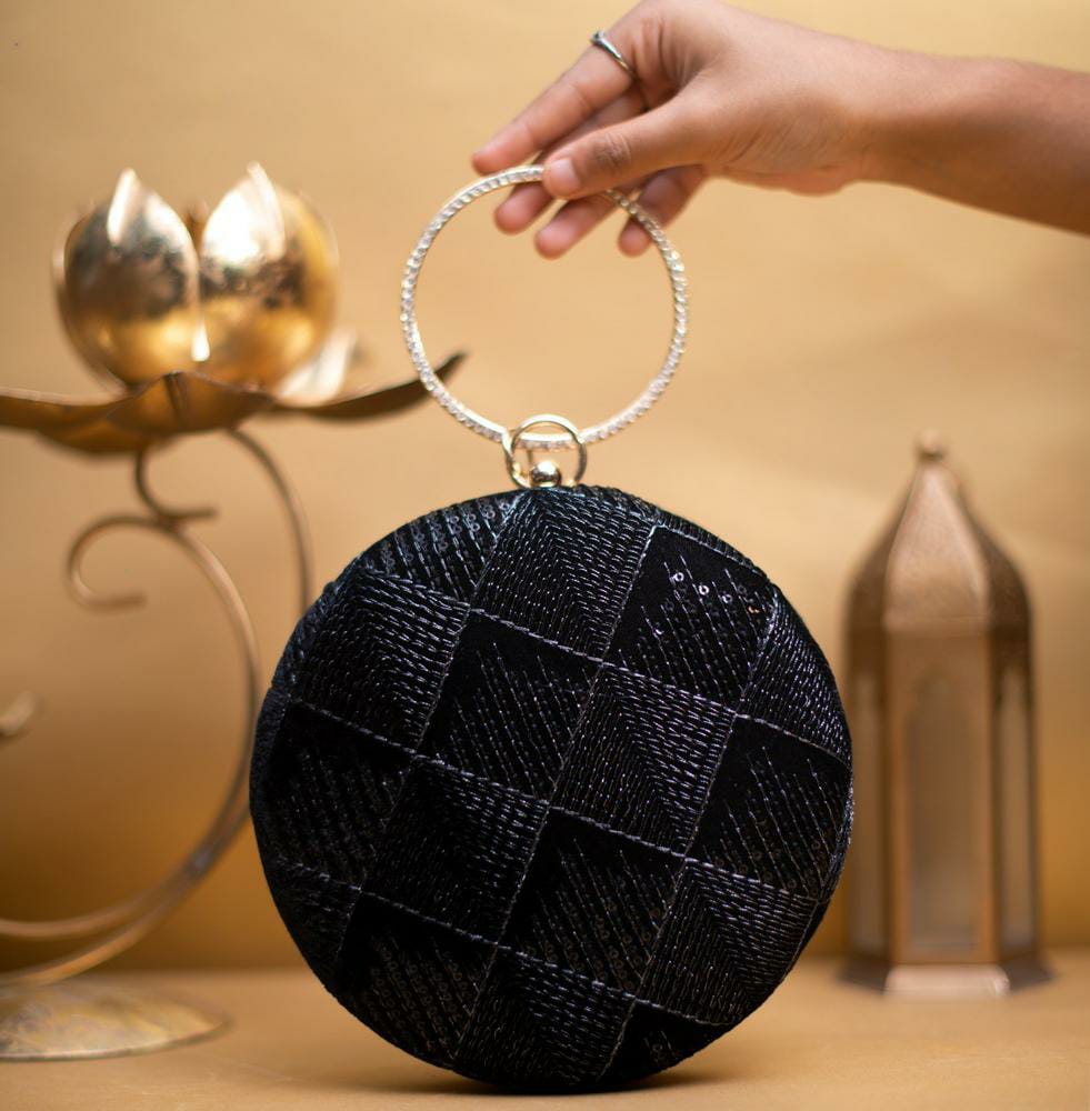 Artklim Black Embroidery Round Party Clutch