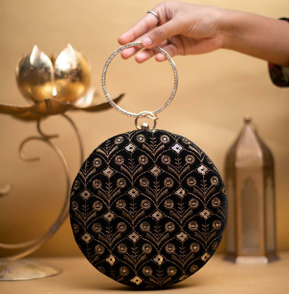 Artklim Black and Golden Round Party Clutch