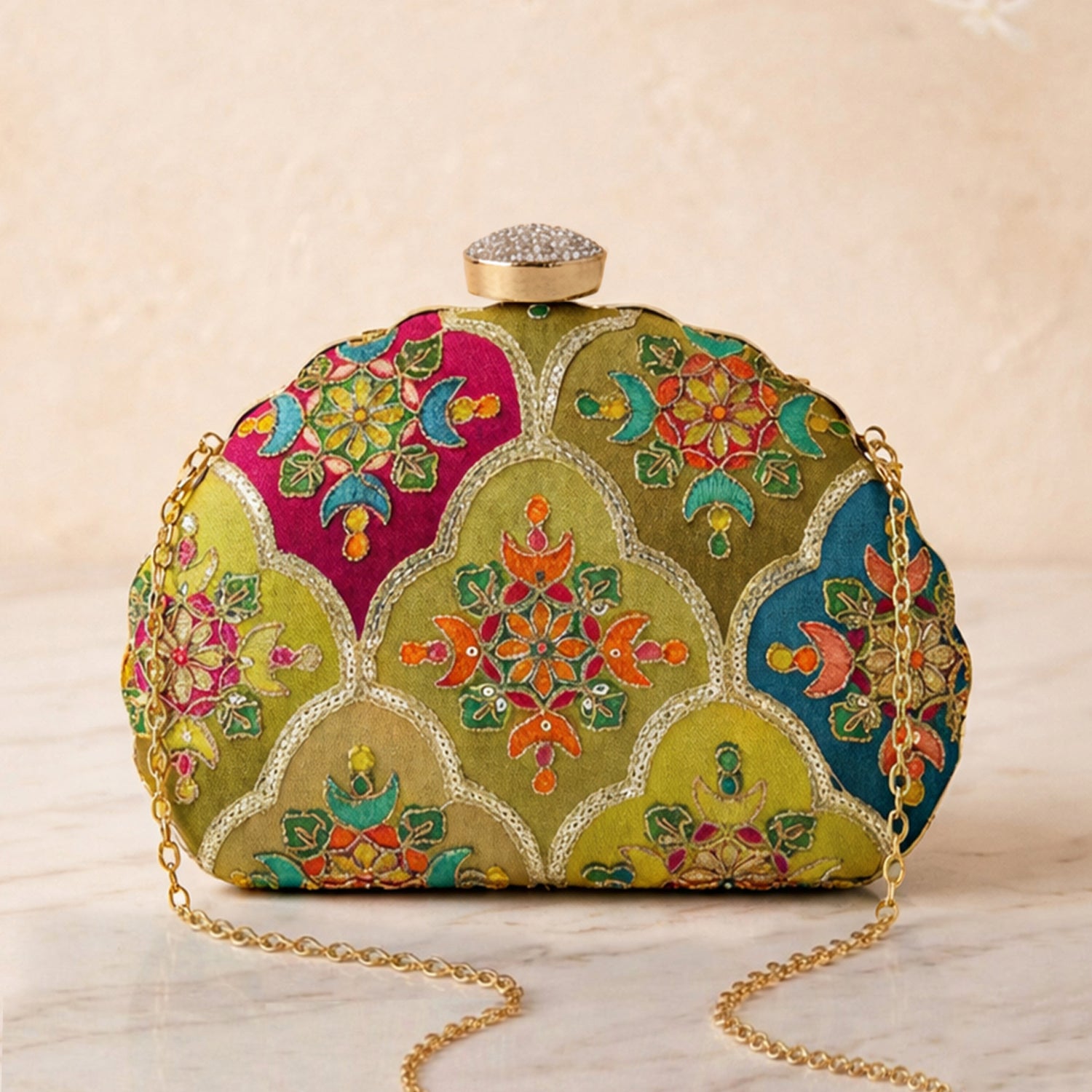Artklim Elegant Olive Green Embroidred Clutch