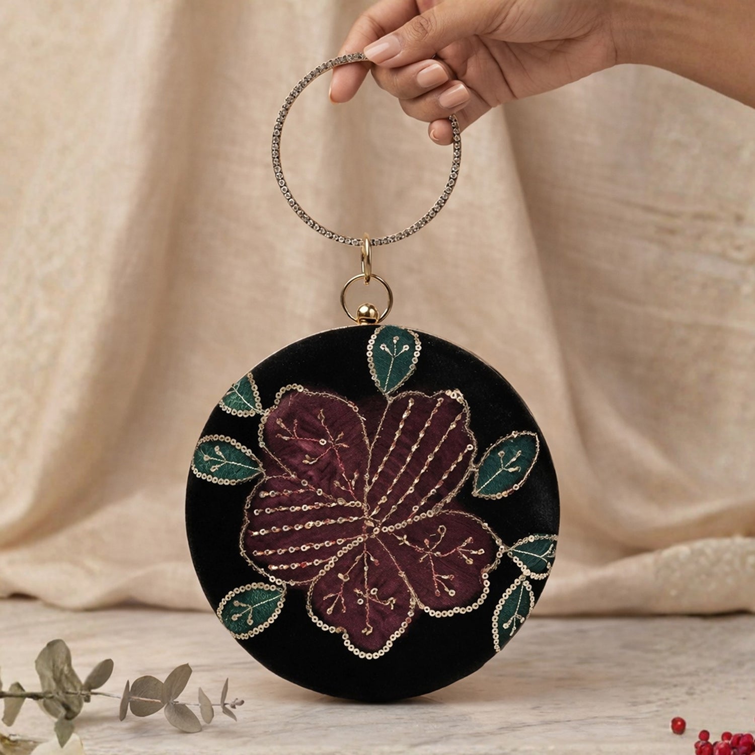Artklim Midnight Blossom Black Velvet Floral Embroidered Round Clutch