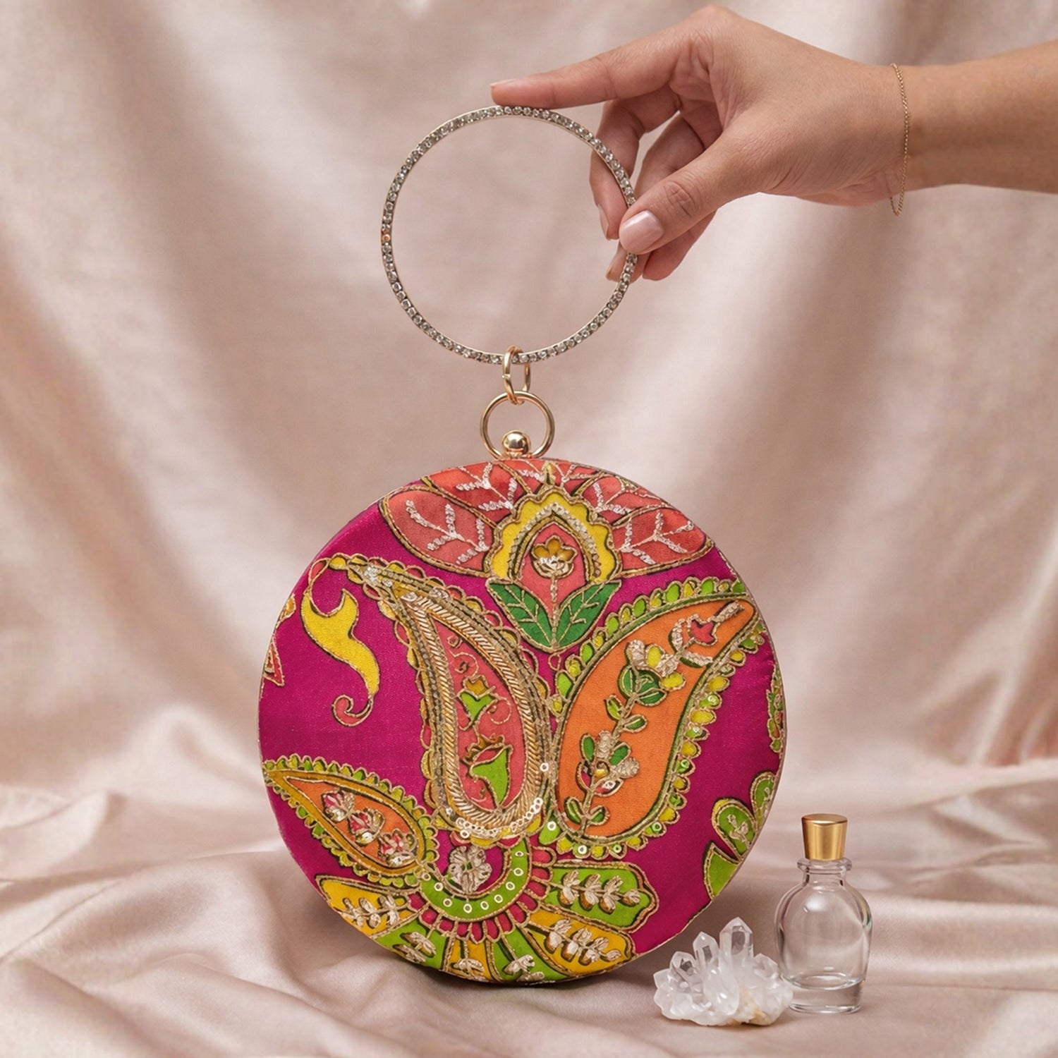 Artklim Pink Ethnic Round Embroidered Clutch