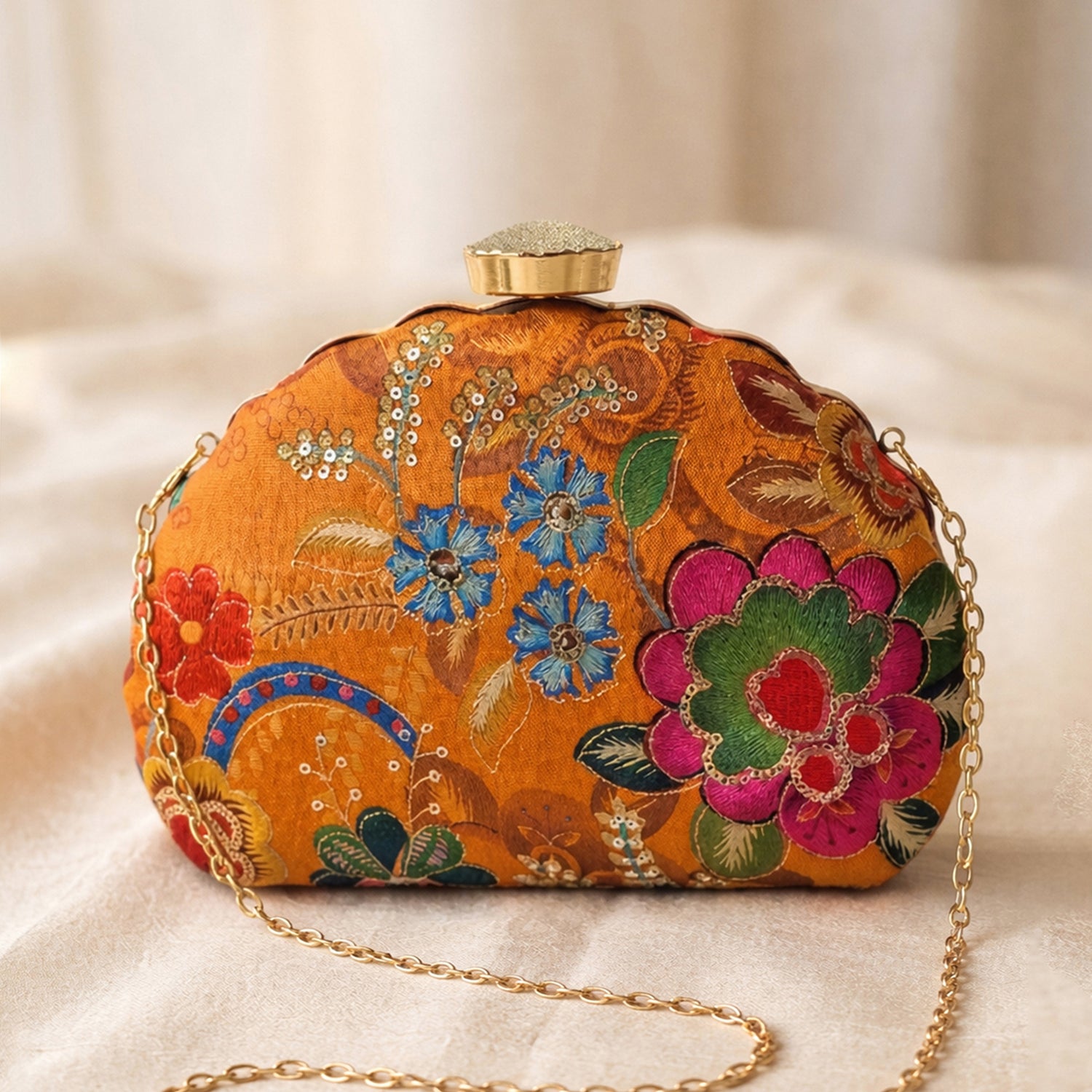 Artklim Elegant Orange Floral Ethnic Embroidered Clutch