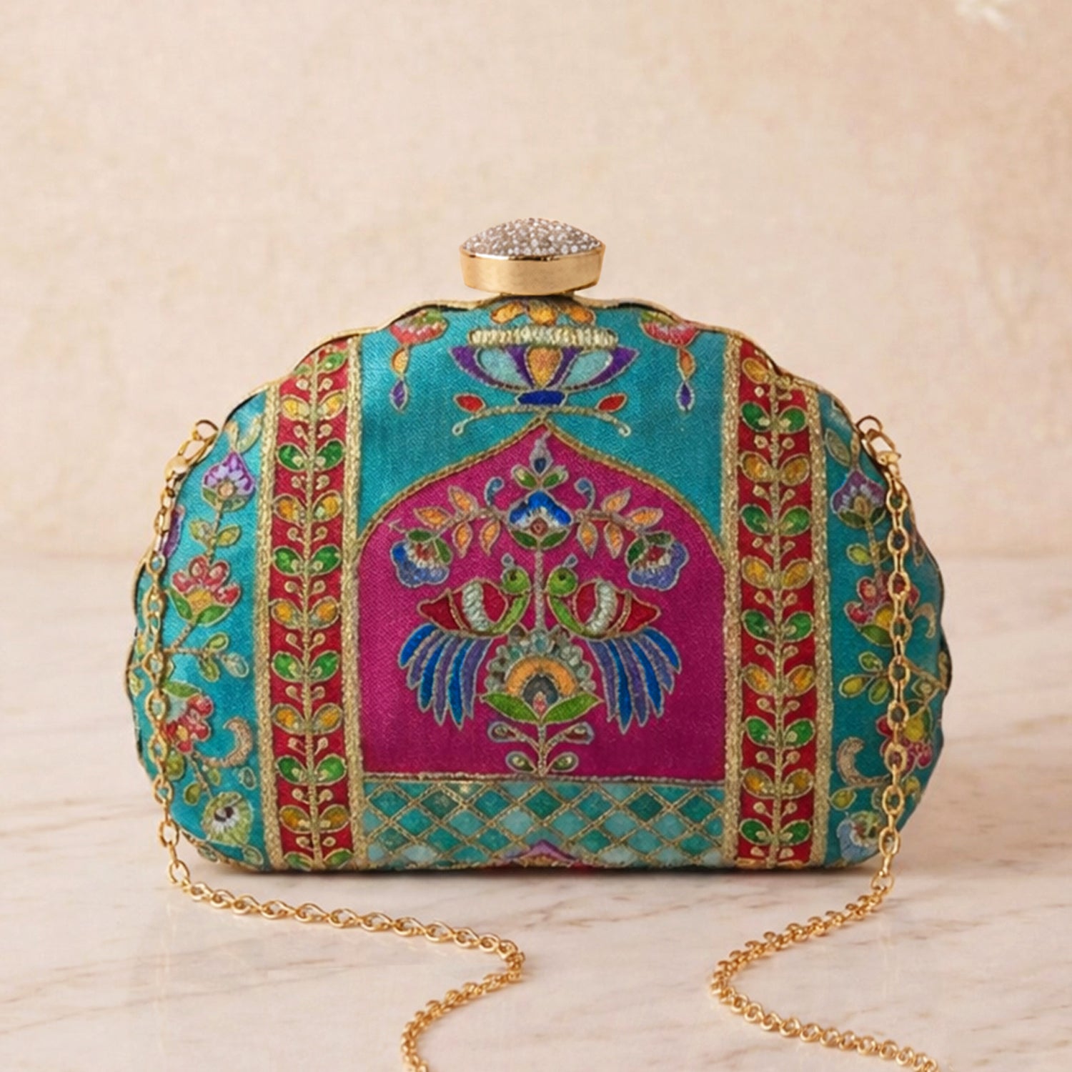 Artklim Elegant Blue & Pink Traditional Motif Embroidred Clutch
