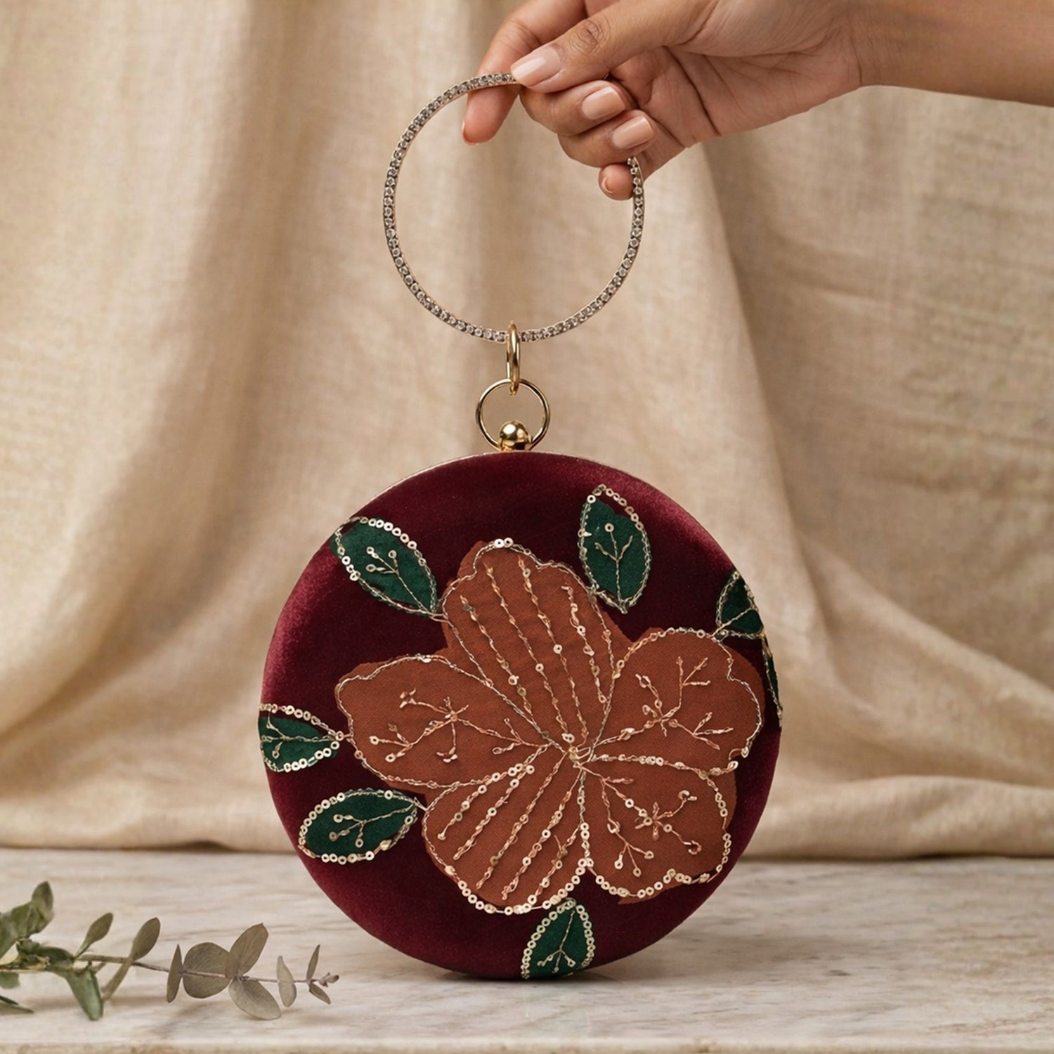 Artklim Ruby Bloom Velvet Embroidered Round Clutch