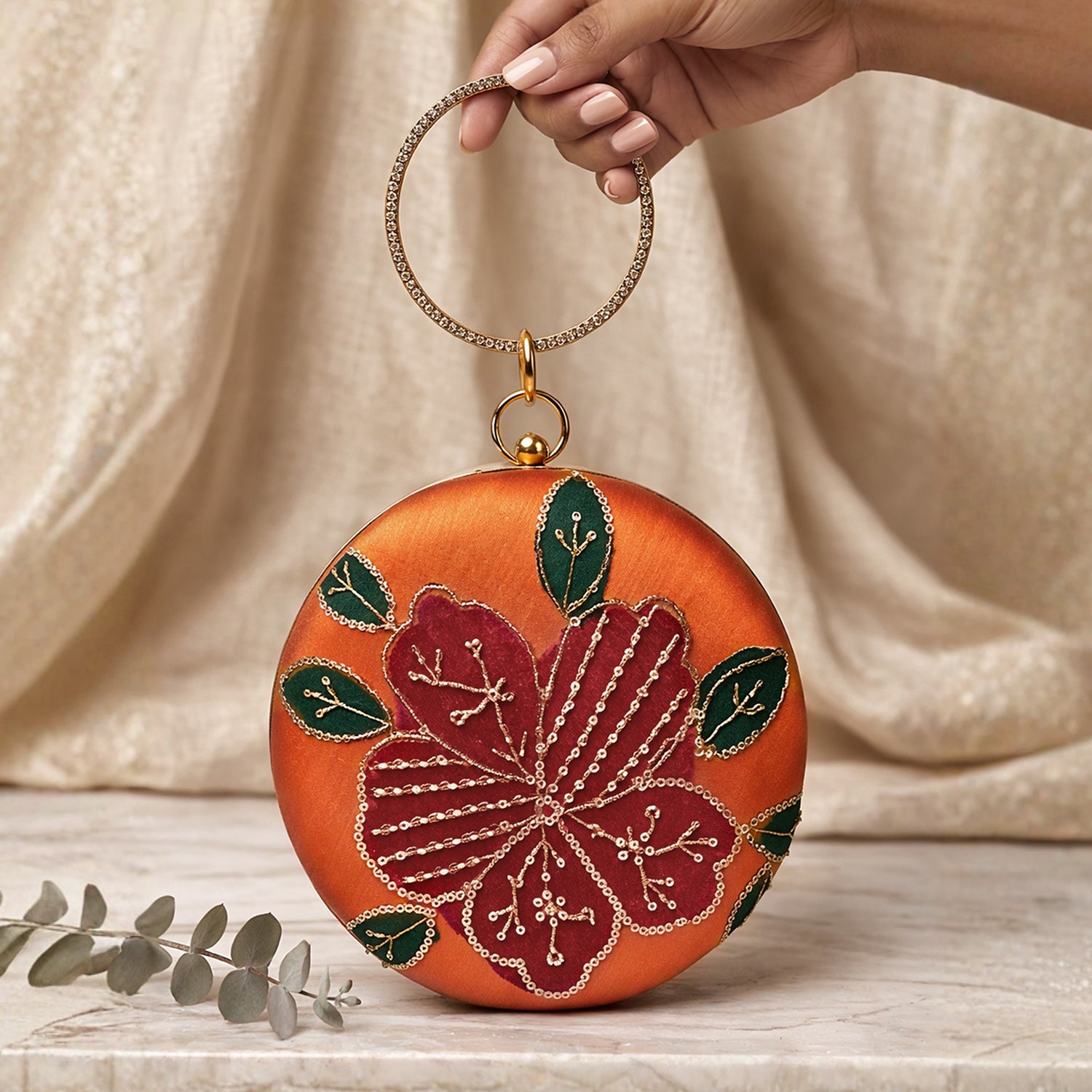 Artklim Sunset Glow Orange Floral Embroidered Round Clutch