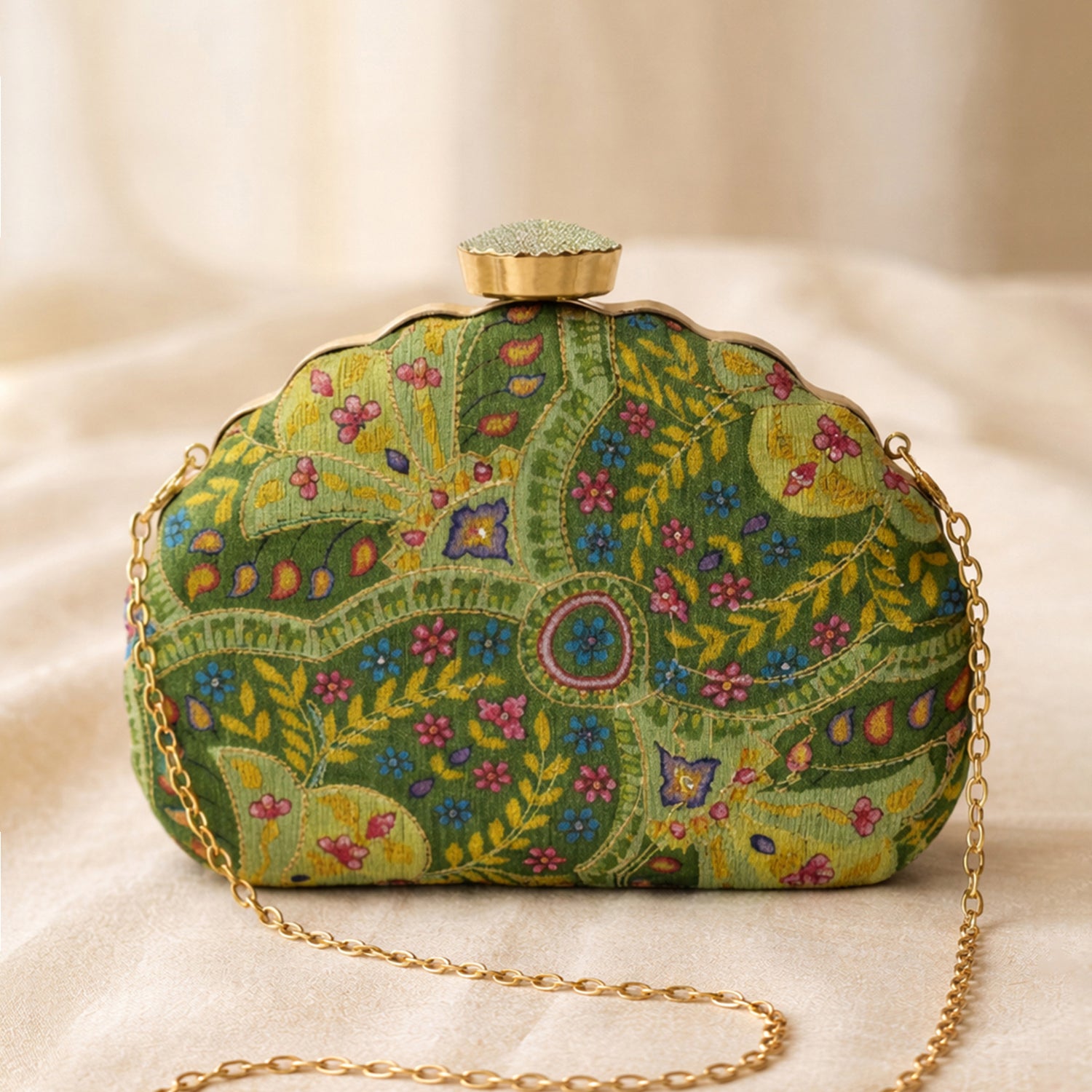 Artklim Elegant Dark Green Floral Ethnic Embroidered Clutch