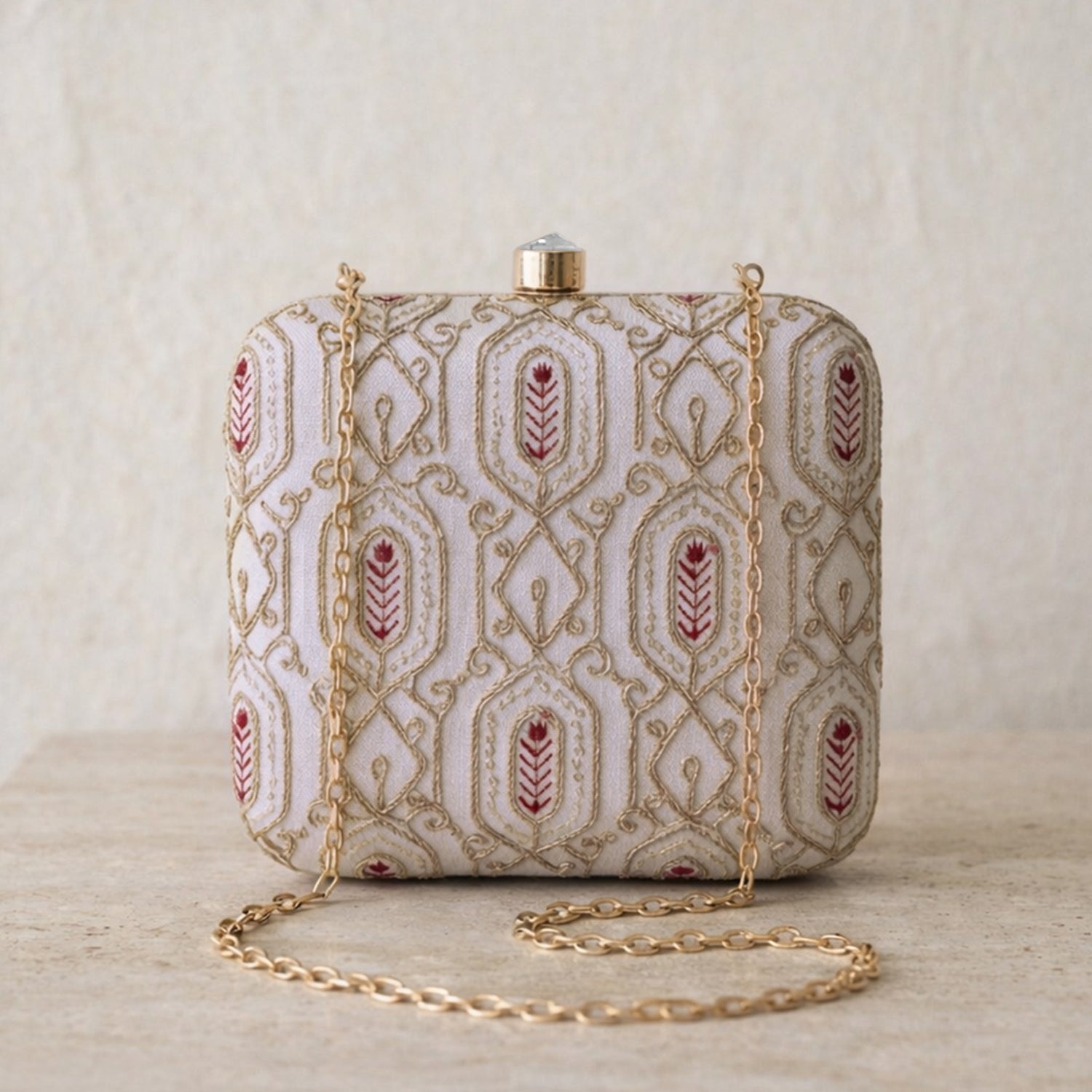 Artklim Elegant Ivory Embroidered Box Clutch