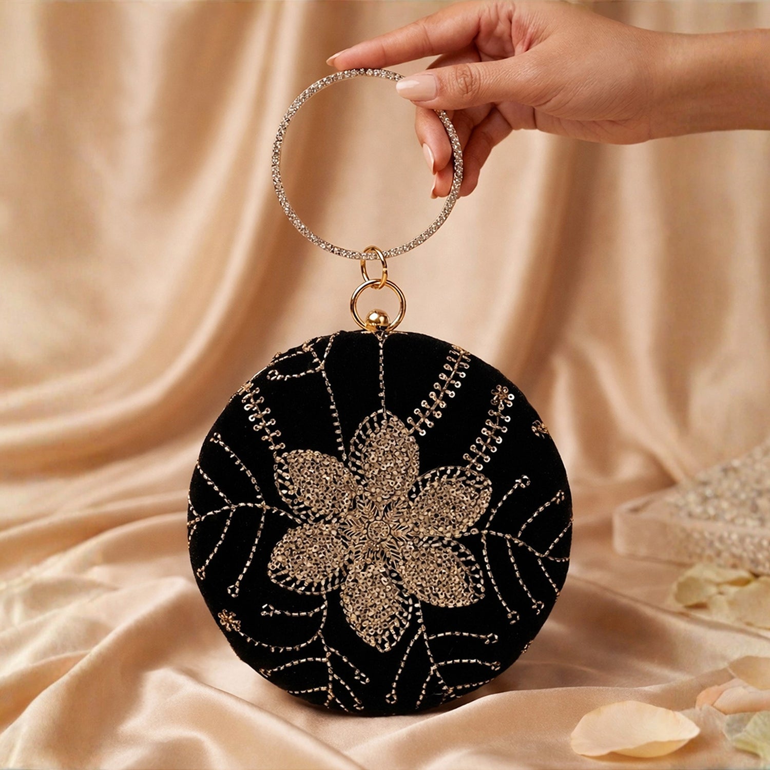Artklim Black Velvet Floral Round Embroidered Clutch