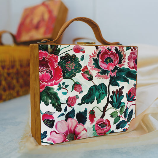 Pink Floral Printed Suitcase Style Clutch